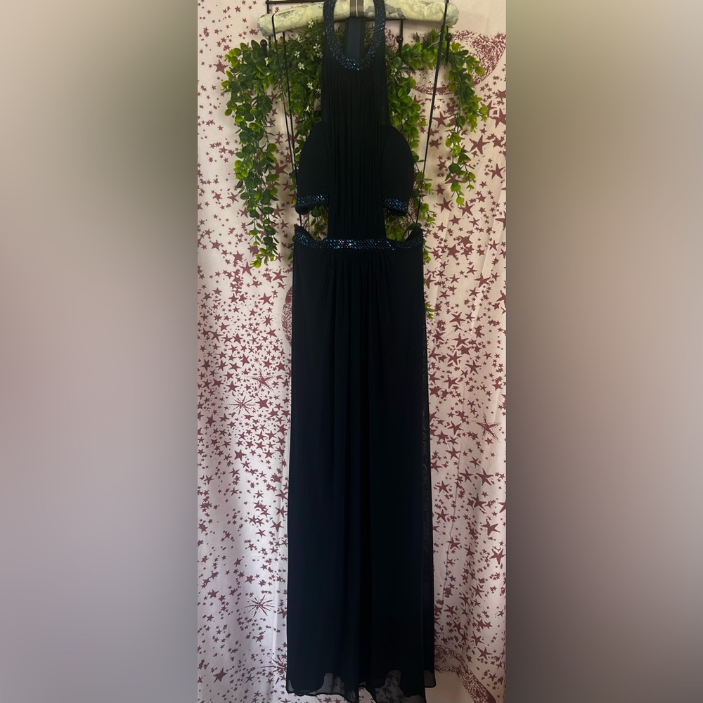 La Femme Navy Blue Maxi Dress with Subtle Sparkle Trim